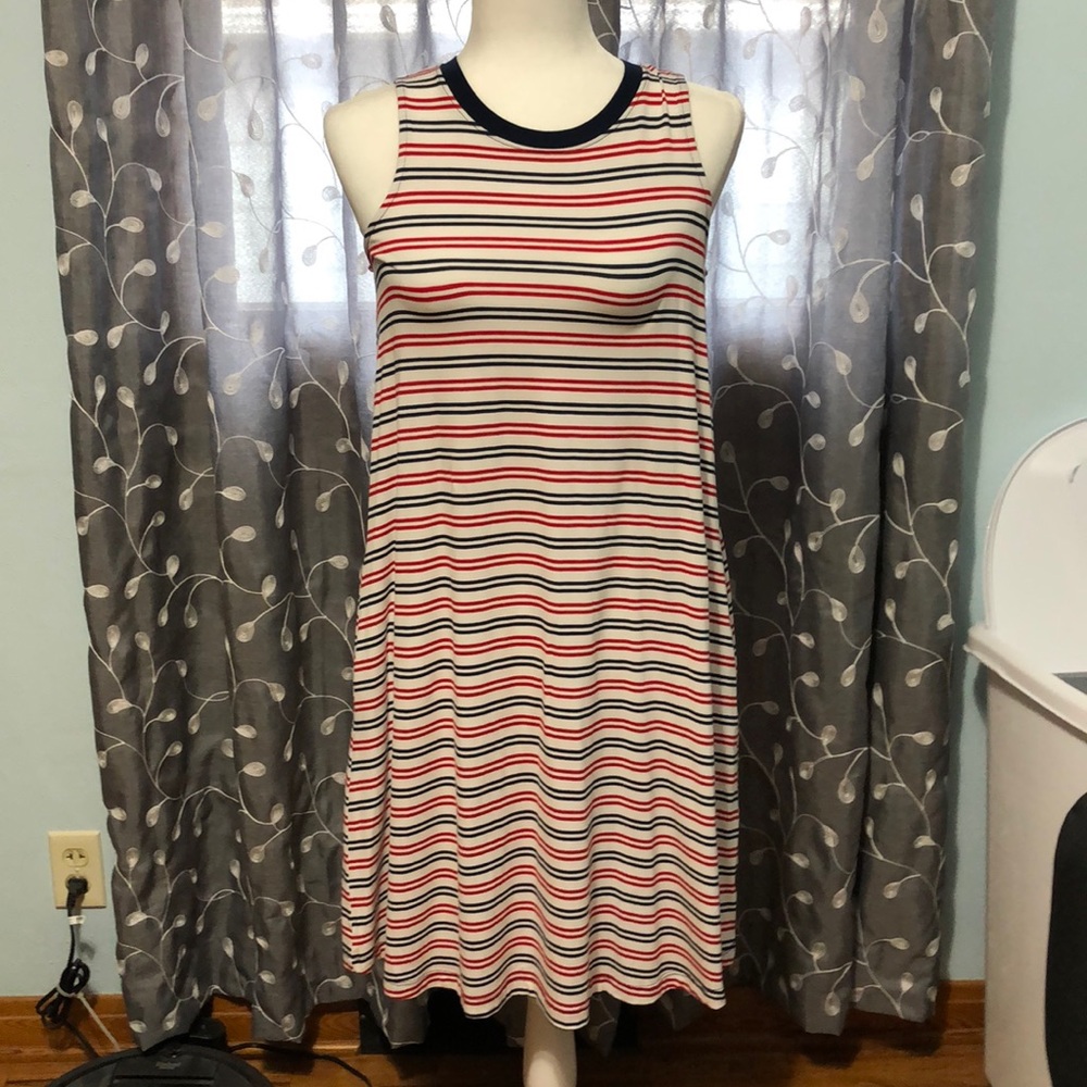 Red white and blue t-shirt dress with pockets.